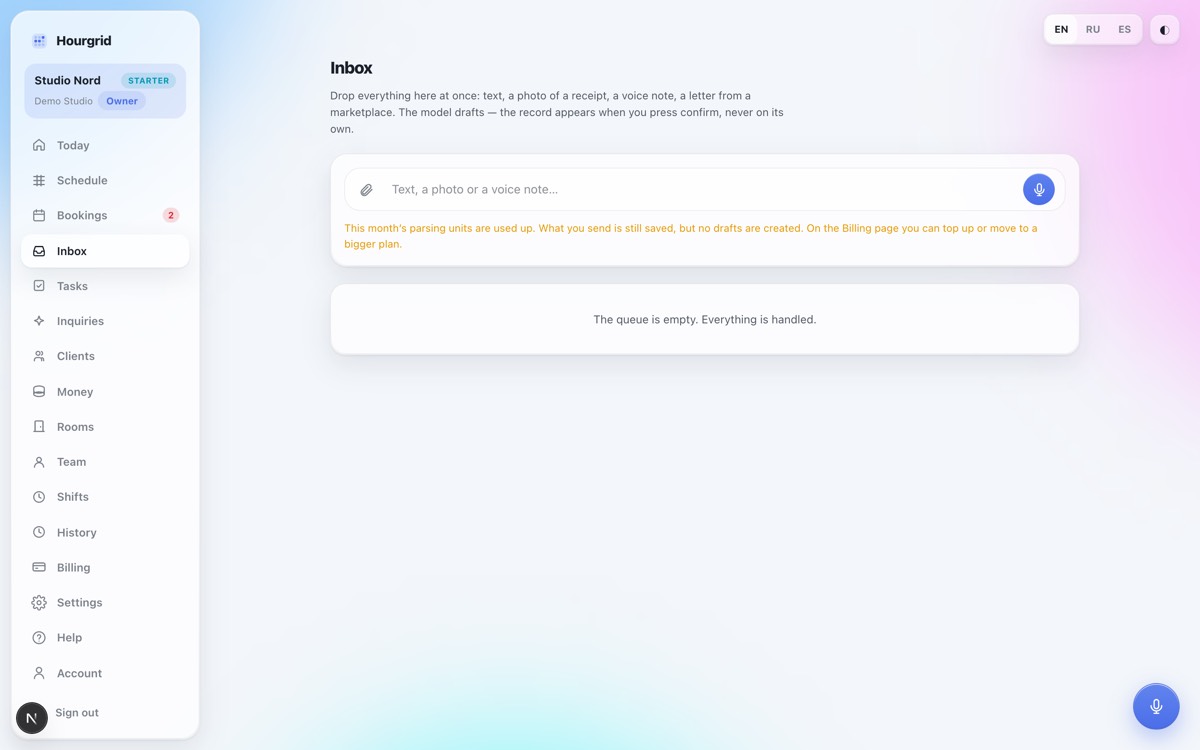 A forwarded voice note becomes a booking draft — original alongside, everything still editable